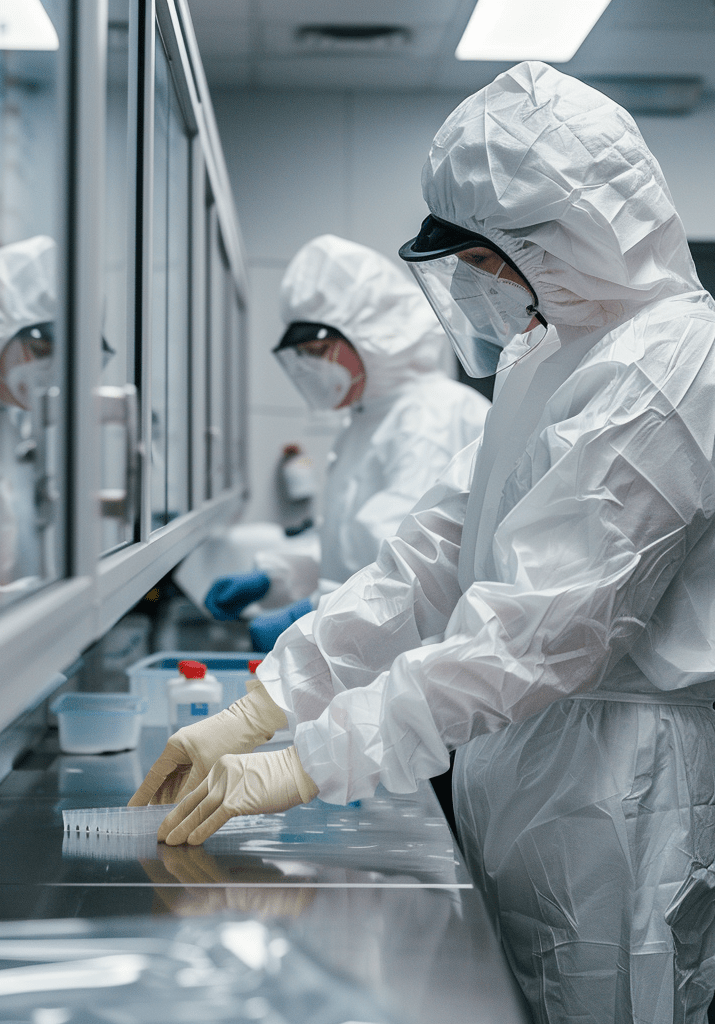 laboratory employees in protective gear