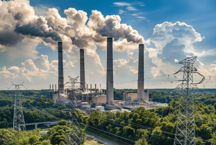 An aerial view of the cooling stacks at a power plant on a blue sky.