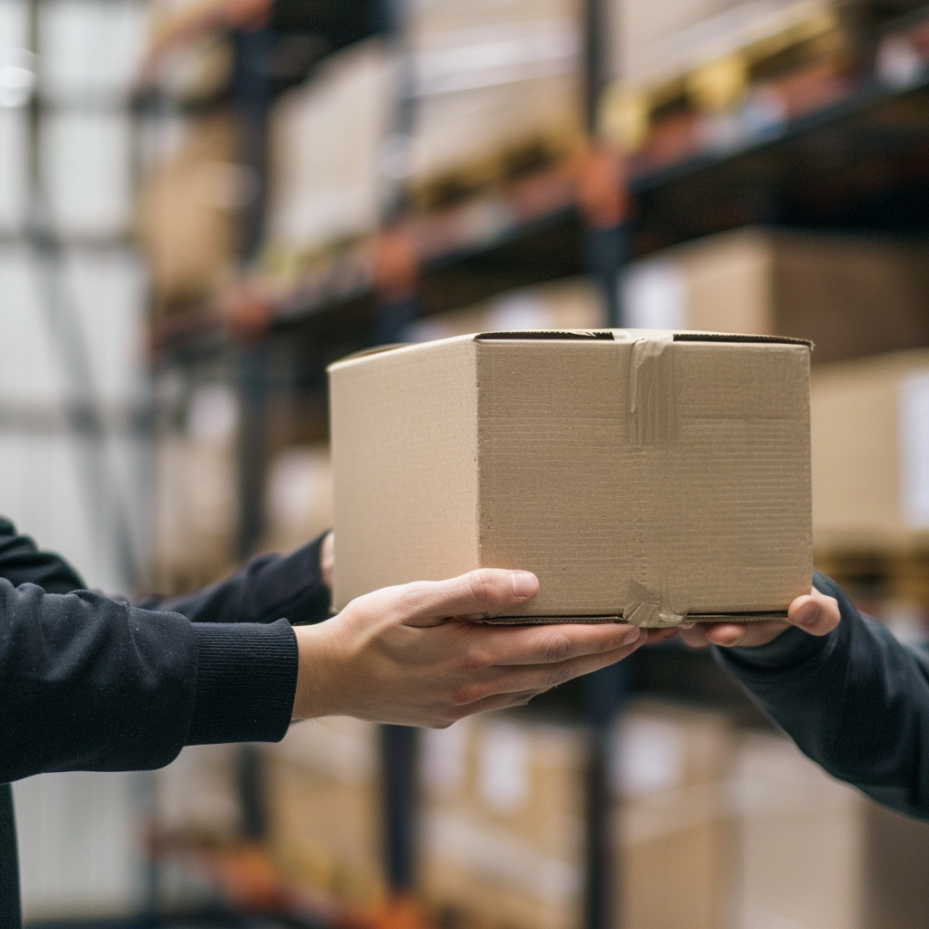 Image of a delivery person handing off a large cardboard box.