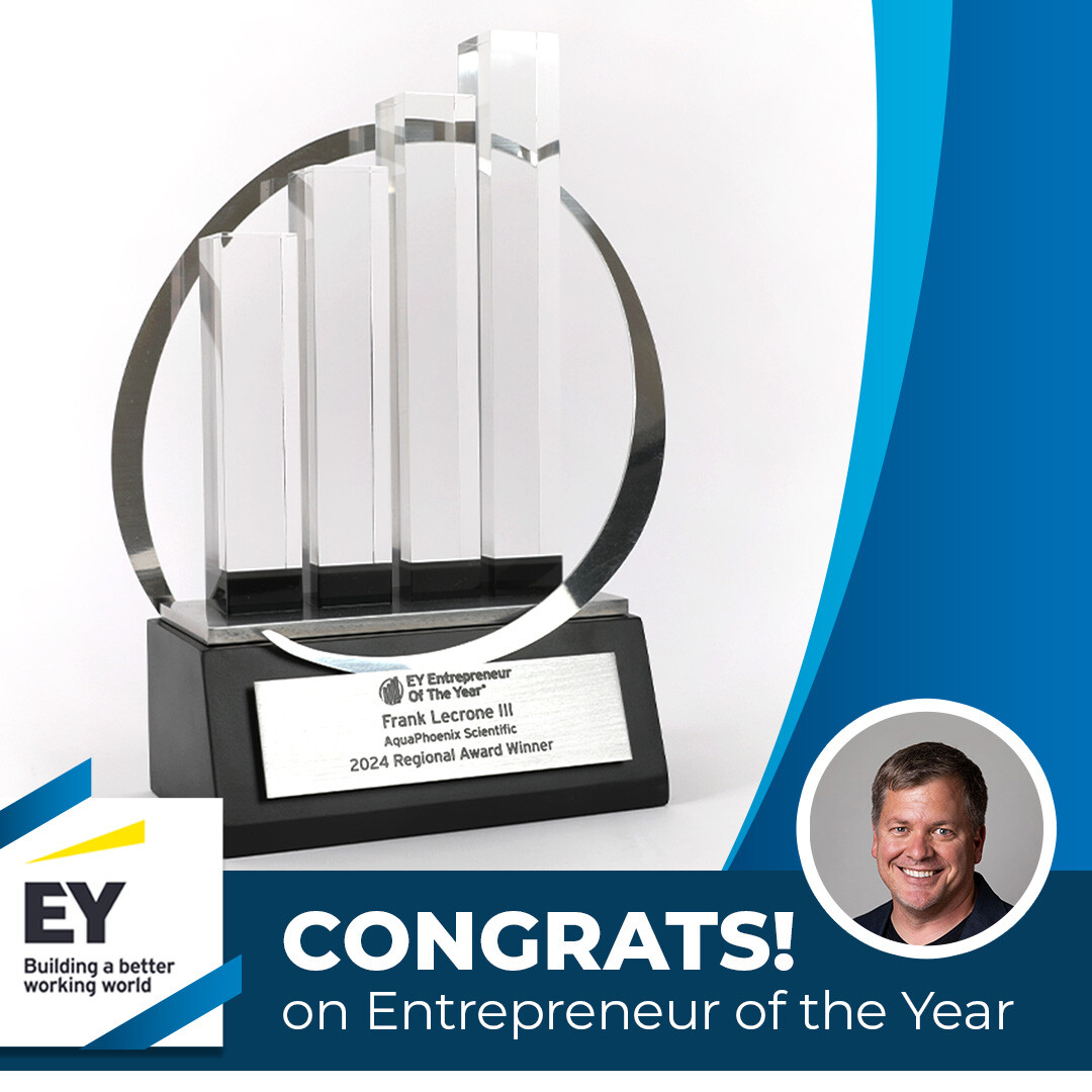 Image showing a trophy and a photo of Frank Lecrone III. Image congratulates Frank on winning Enrepreneur of the Year 2024
