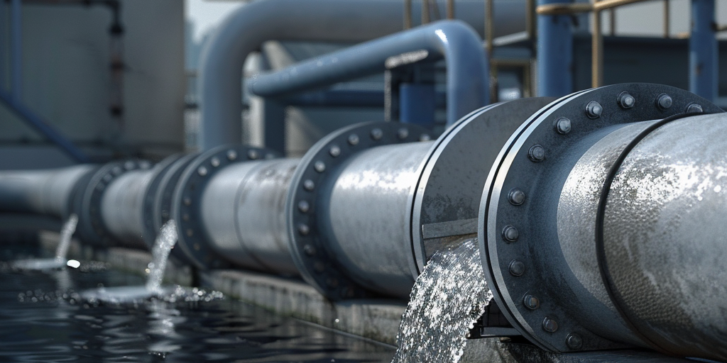A industrial pipe draining water into a pool of water.